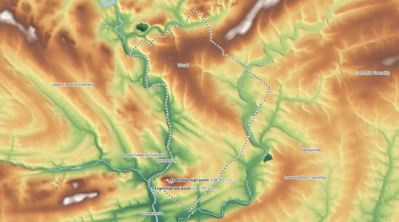 Topographic elevation map of Upper Salford Township, Pennsylvania, shaded from 130 ft on the south side to 510 ft on the south side