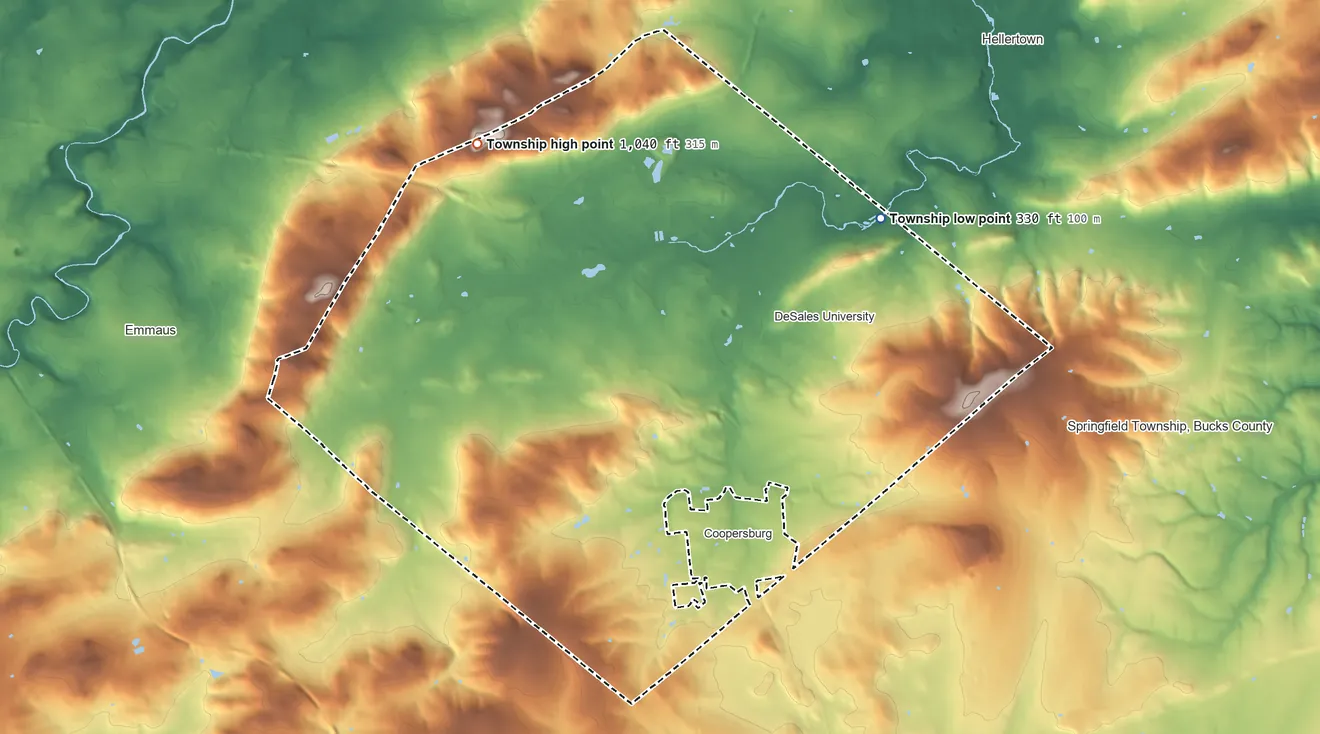Topographic elevation map of Upper Saucon Township, Pennsylvania, shaded from 330 ft on the northeast side to 1,040 ft on the northwest side