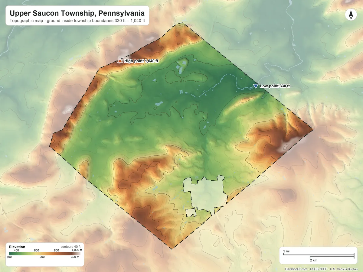 Topographic elevation map of Upper Saucon Township, Pennsylvania, shaded from 330 ft on the northeast side to 1,040 ft on the northwest side