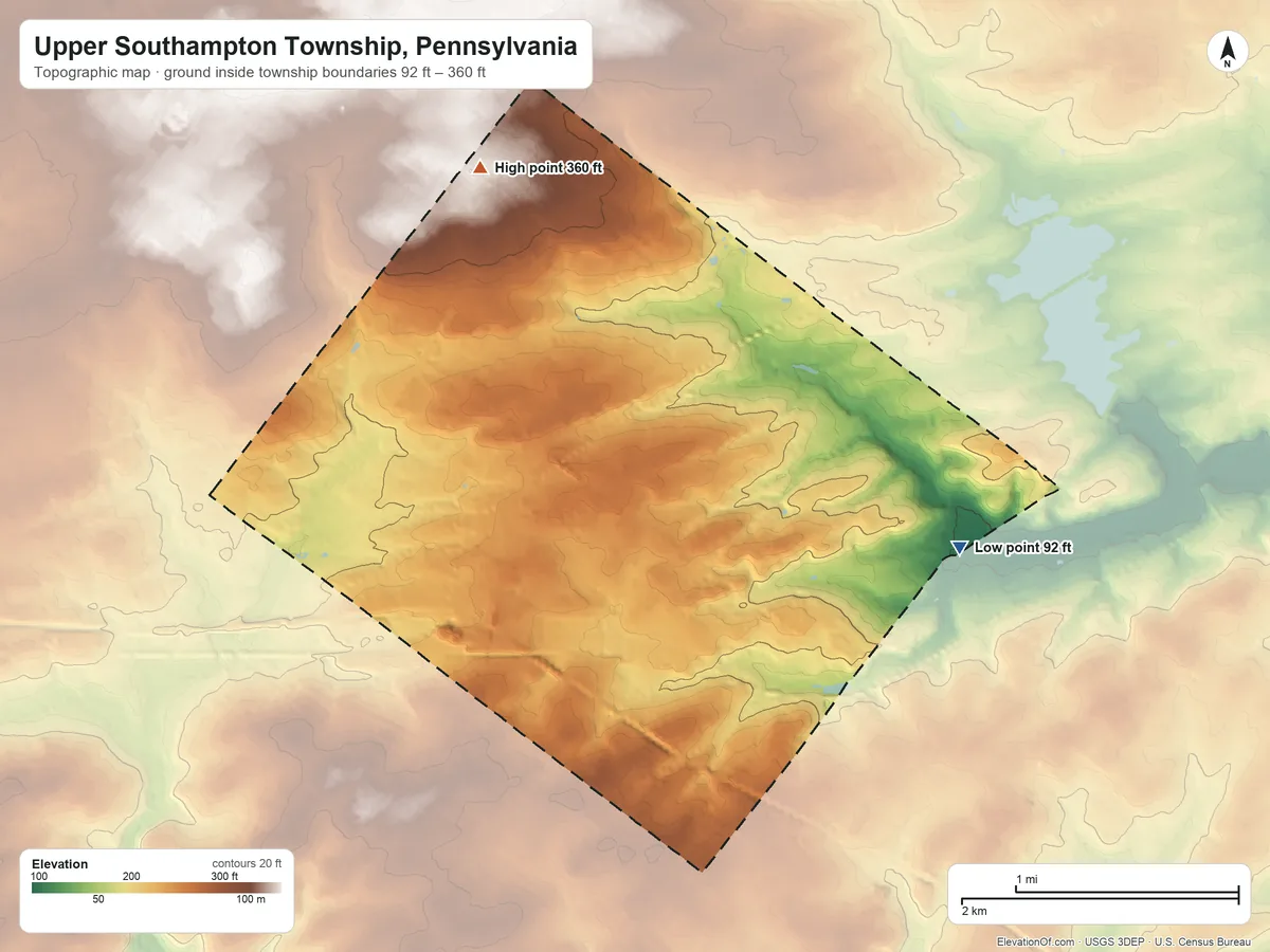 Topographic elevation map of Upper Southampton Township, Pennsylvania, shaded from 92 ft on the east side to 360 ft on the northwest side