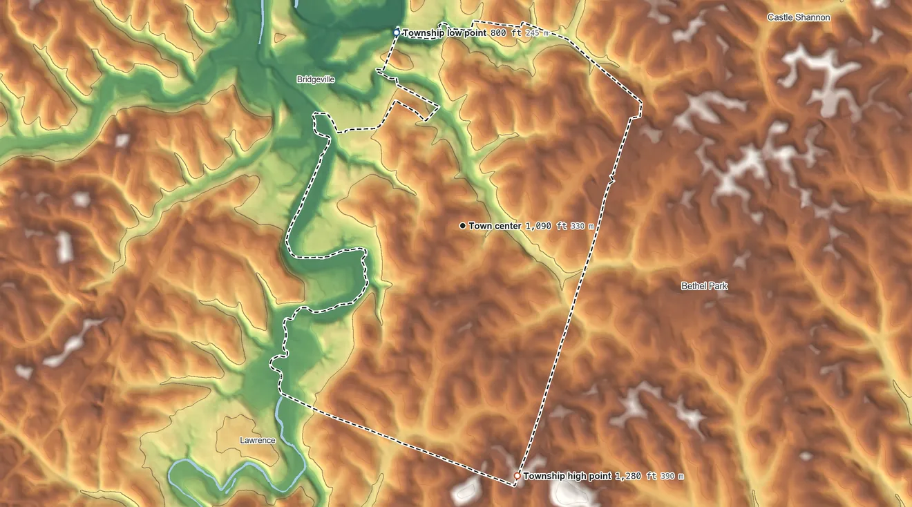 Topographic elevation map of Upper St. Clair Township, Pennsylvania, shaded from 800 ft on the north side to 1,280 ft on the south side