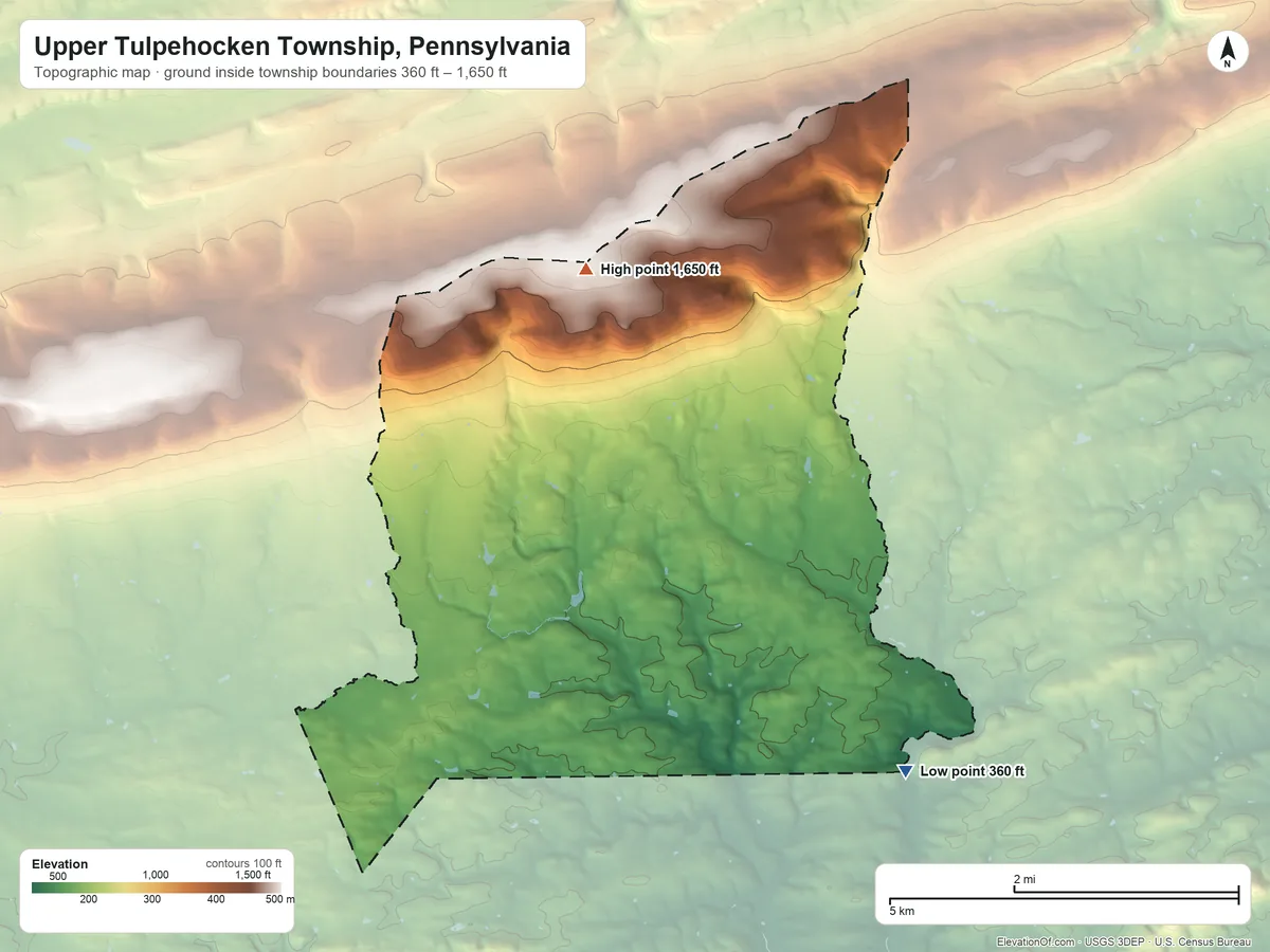 Topographic elevation map of Upper Tulpehocken Township, Pennsylvania, shaded from 360 ft on the southeast side to 1,650 ft on the north side