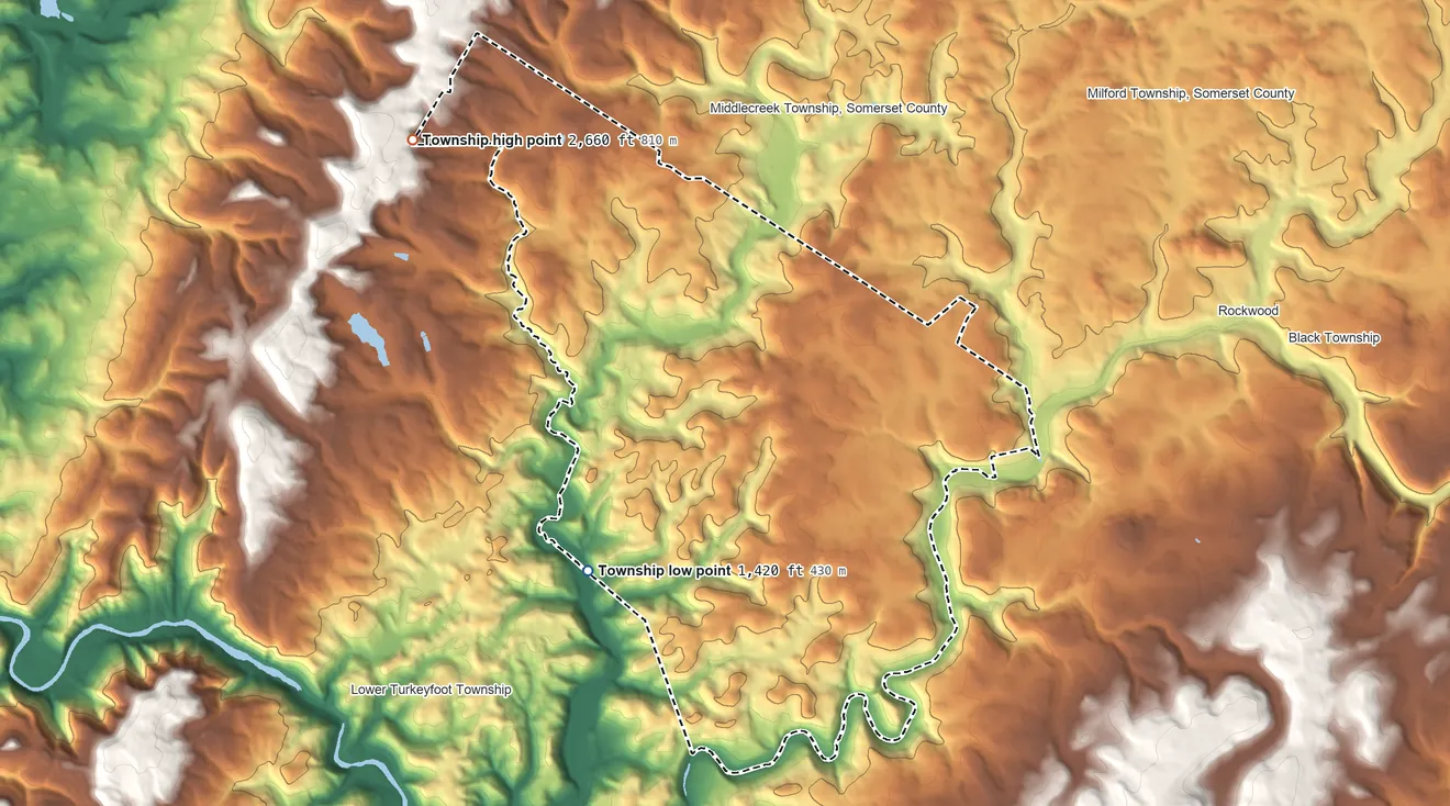 Topographic elevation map of Upper Turkeyfoot Township, Pennsylvania, shaded from 1,420 ft on the southwest side to 2,660 ft on the northwest side
