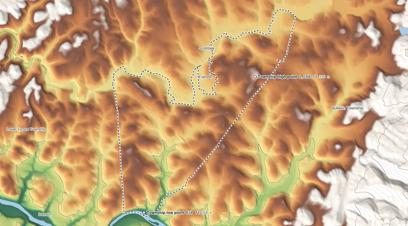 Topographic elevation map of Upper Tyrone Township, Pennsylvania, shaded from 850 ft on the southwest side to 1,280 ft on the east side