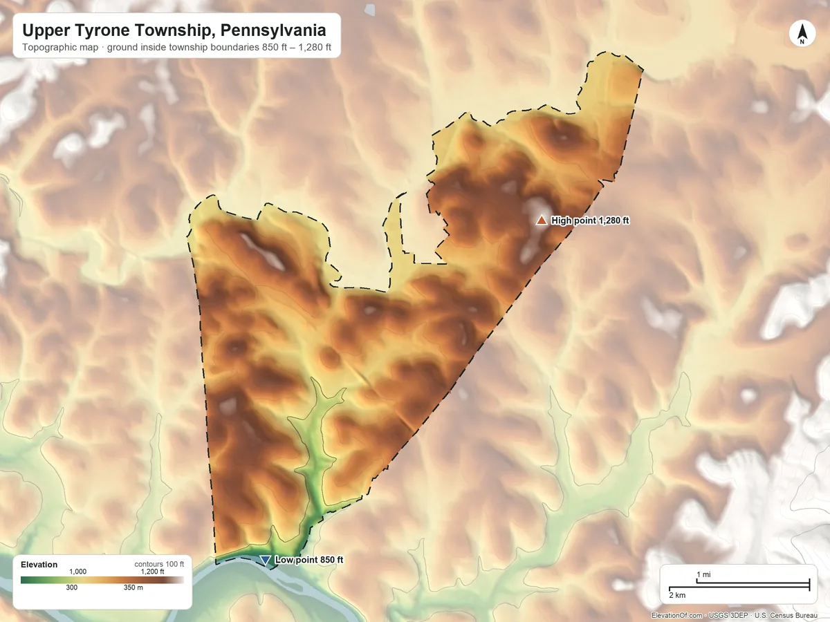Topographic elevation map of Upper Tyrone Township, Pennsylvania, shaded from 850 ft on the southwest side to 1,280 ft on the east side
