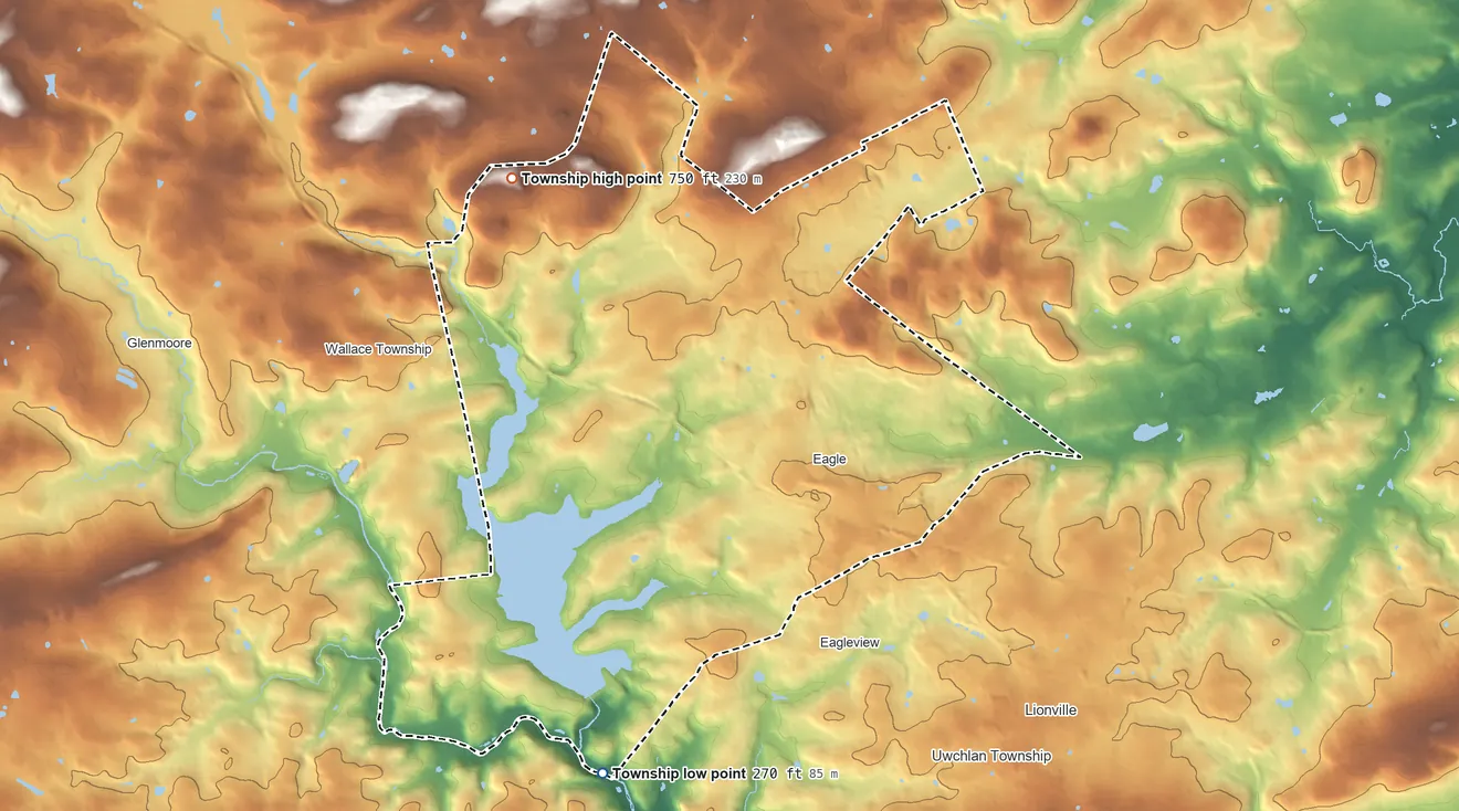 Topographic elevation map of Upper Uwchlan Township, Pennsylvania, shaded from 270 ft on the south side to 750 ft on the northwest side