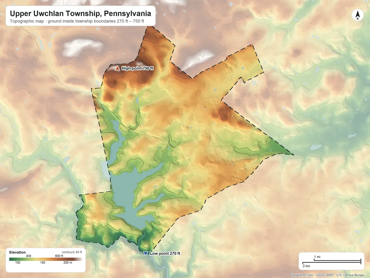 Topographic elevation map of Upper Uwchlan Township, Pennsylvania, shaded from 270 ft on the south side to 750 ft on the northwest side