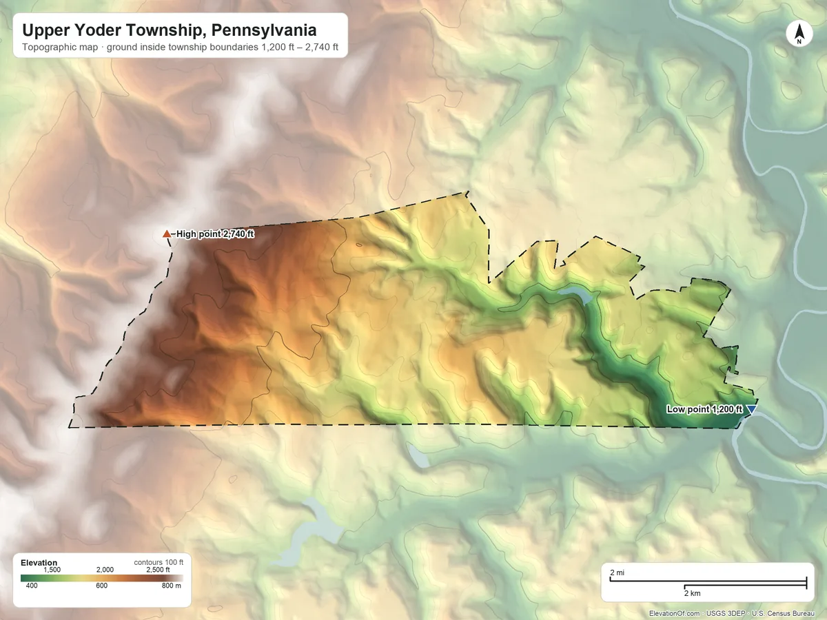 Topographic elevation map of Upper Yoder Township, Pennsylvania, shaded from 1,200 ft on the southeast side to 2,740 ft on the west side