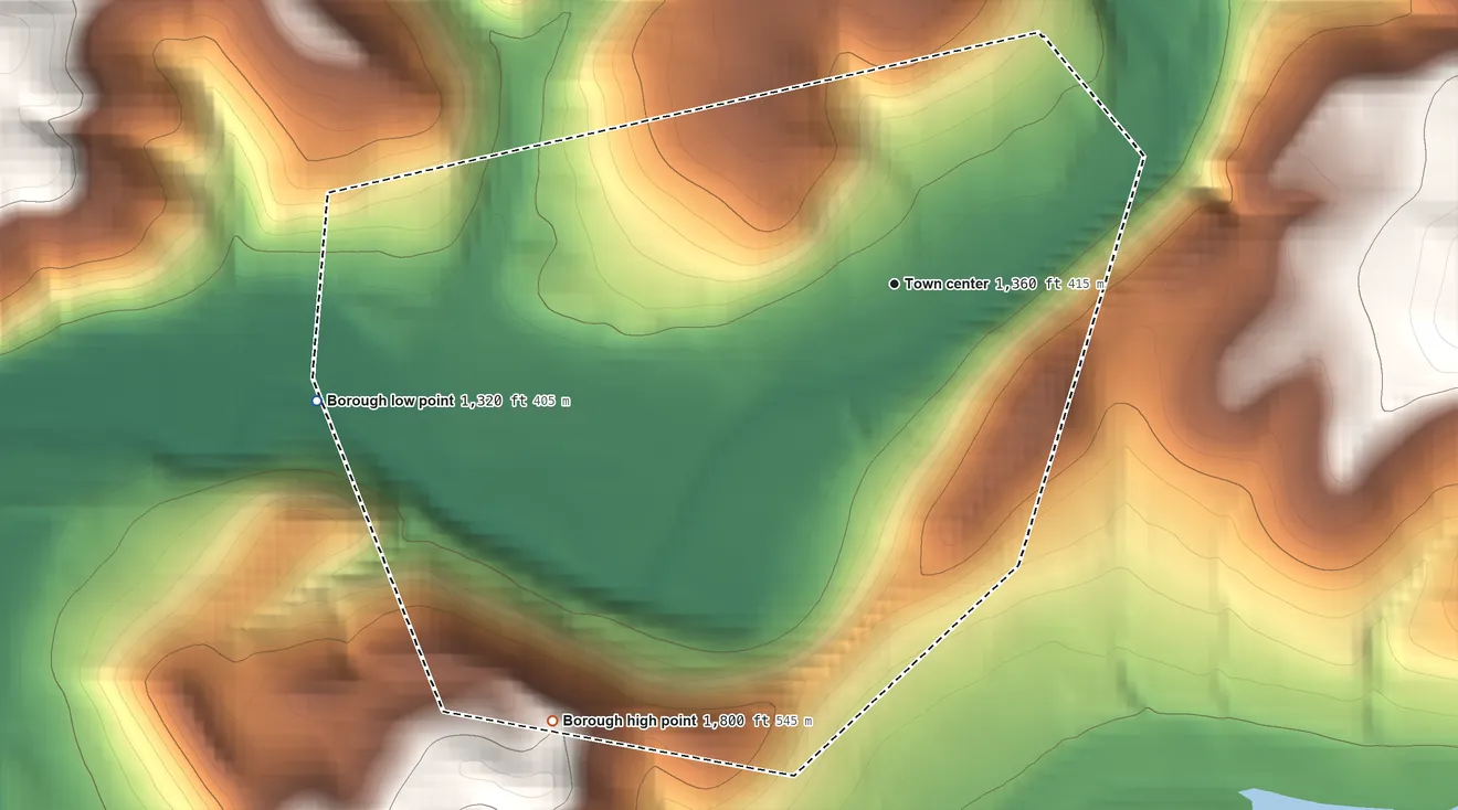 Topographic elevation map of Ursina, Pennsylvania, shaded from 1,320 ft on the west side to 1,800 ft on the southwest side