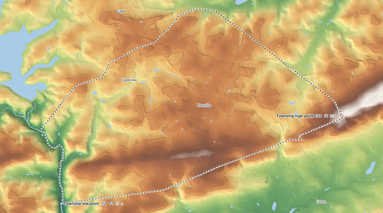Topographic elevation map of Uwchlan Township, Pennsylvania, shaded from 250 ft on the southwest side to 680 ft on the east side