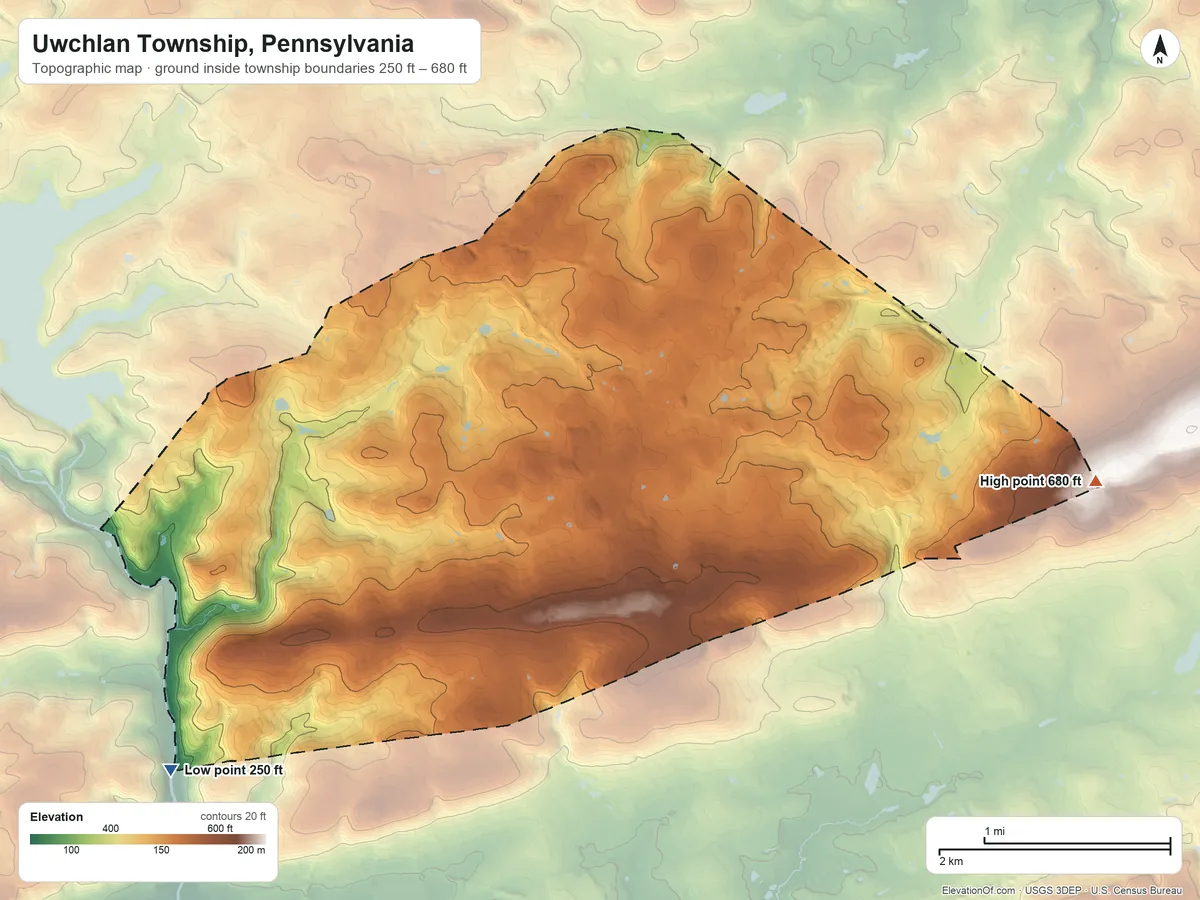 Topographic elevation map of Uwchlan Township, Pennsylvania, shaded from 250 ft on the southwest side to 680 ft on the east side