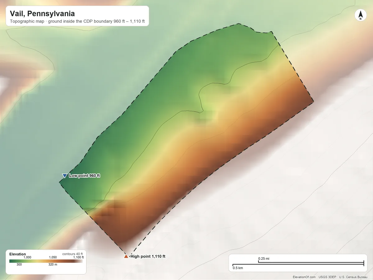 Topographic elevation map of Vail, Pennsylvania, shaded from 960 ft on the west side to 1,110 ft on the southwest edge, below higher ground just outside