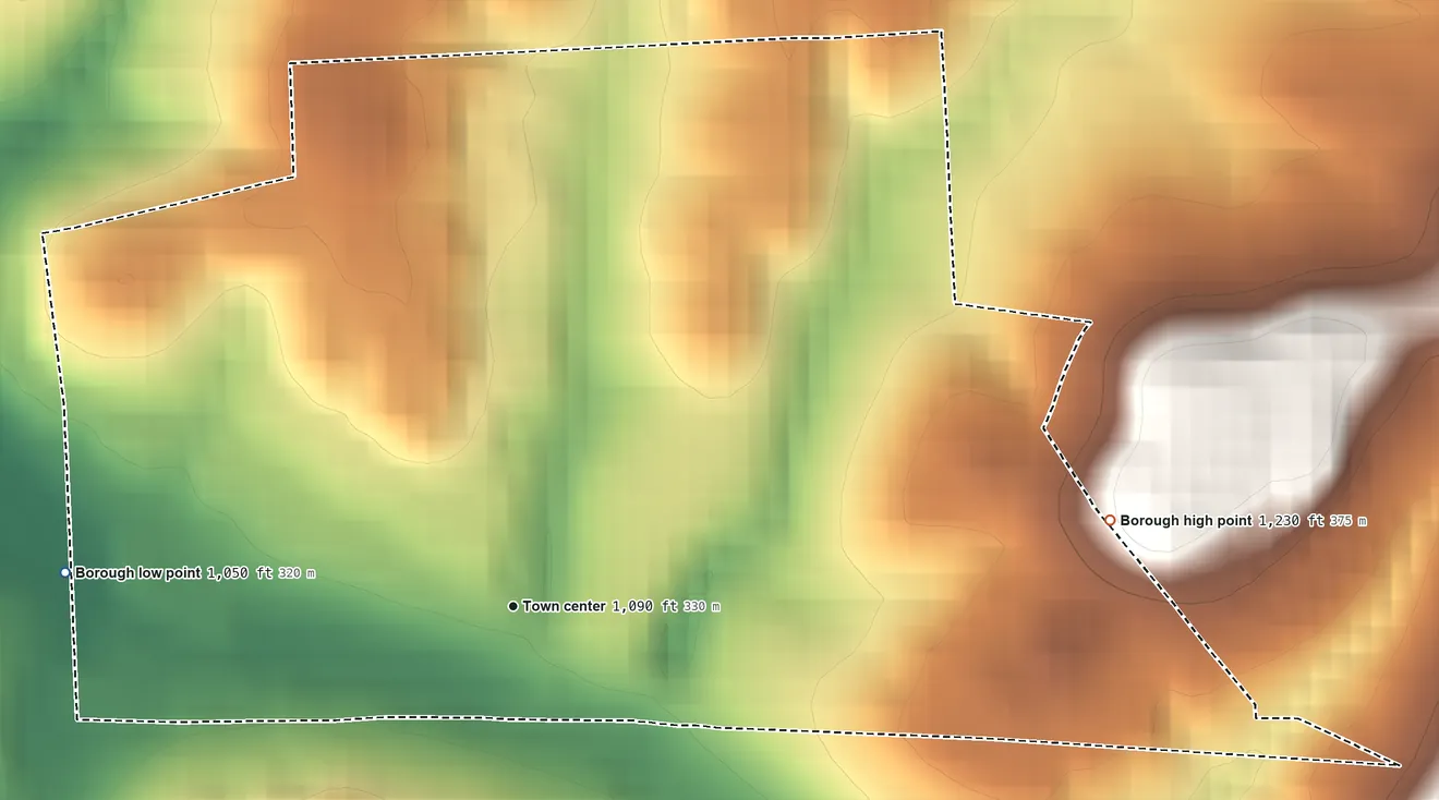 Topographic elevation map of Valencia, Pennsylvania, shaded from 1,050 ft on the west side to 1,230 ft on the east side