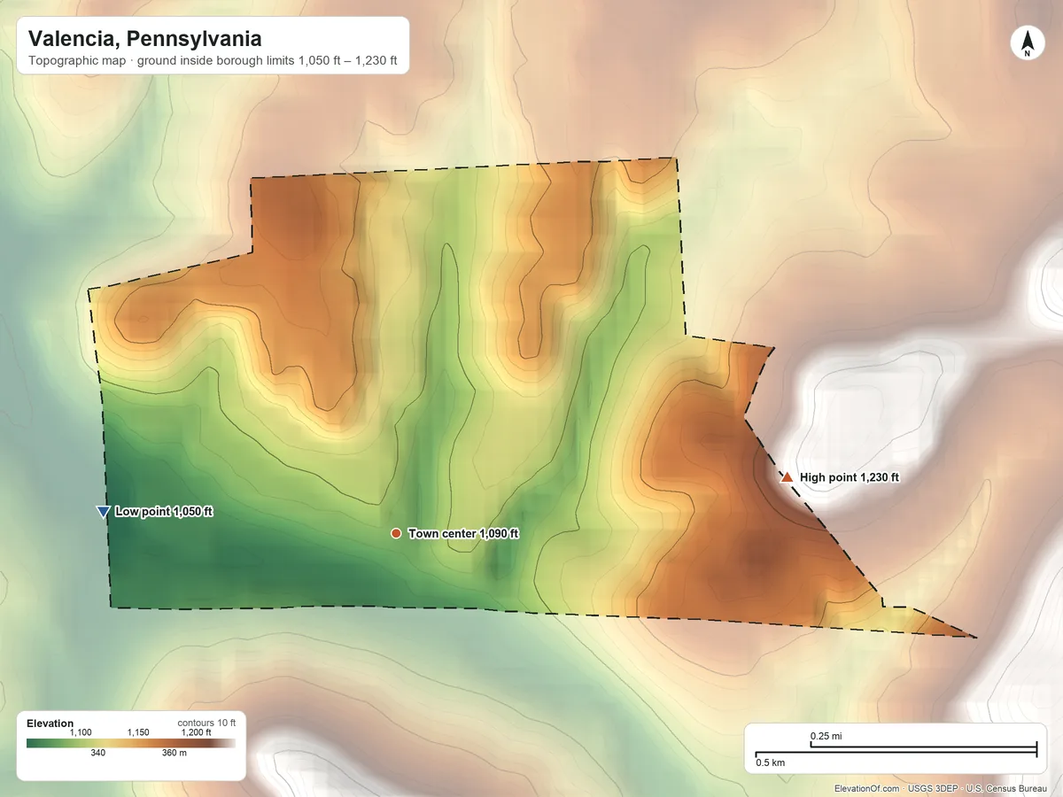 Topographic elevation map of Valencia, Pennsylvania, shaded from 1,050 ft on the west side to 1,230 ft on the east side