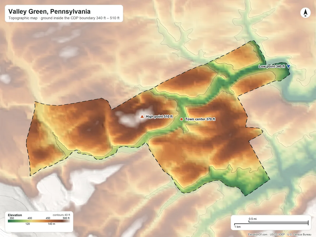 Topographic elevation map of Valley Green, Pennsylvania, shaded from 340 ft on the northeast side to 510 ft at the foot of the Conewago Mountains