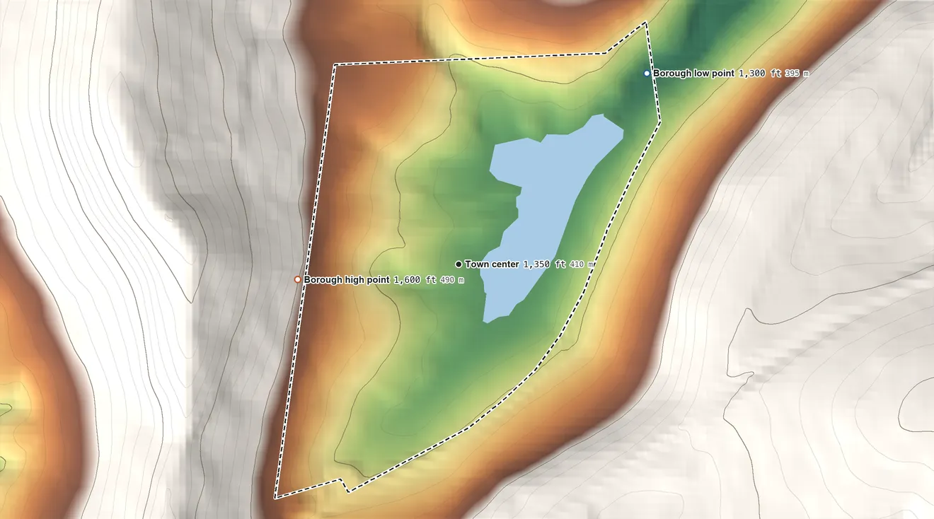 Topographic elevation map of Valley-Hi, Pennsylvania, shaded from 1,300 ft on the northeast side to 1,600 ft at the foot of the Appalachian Mountains