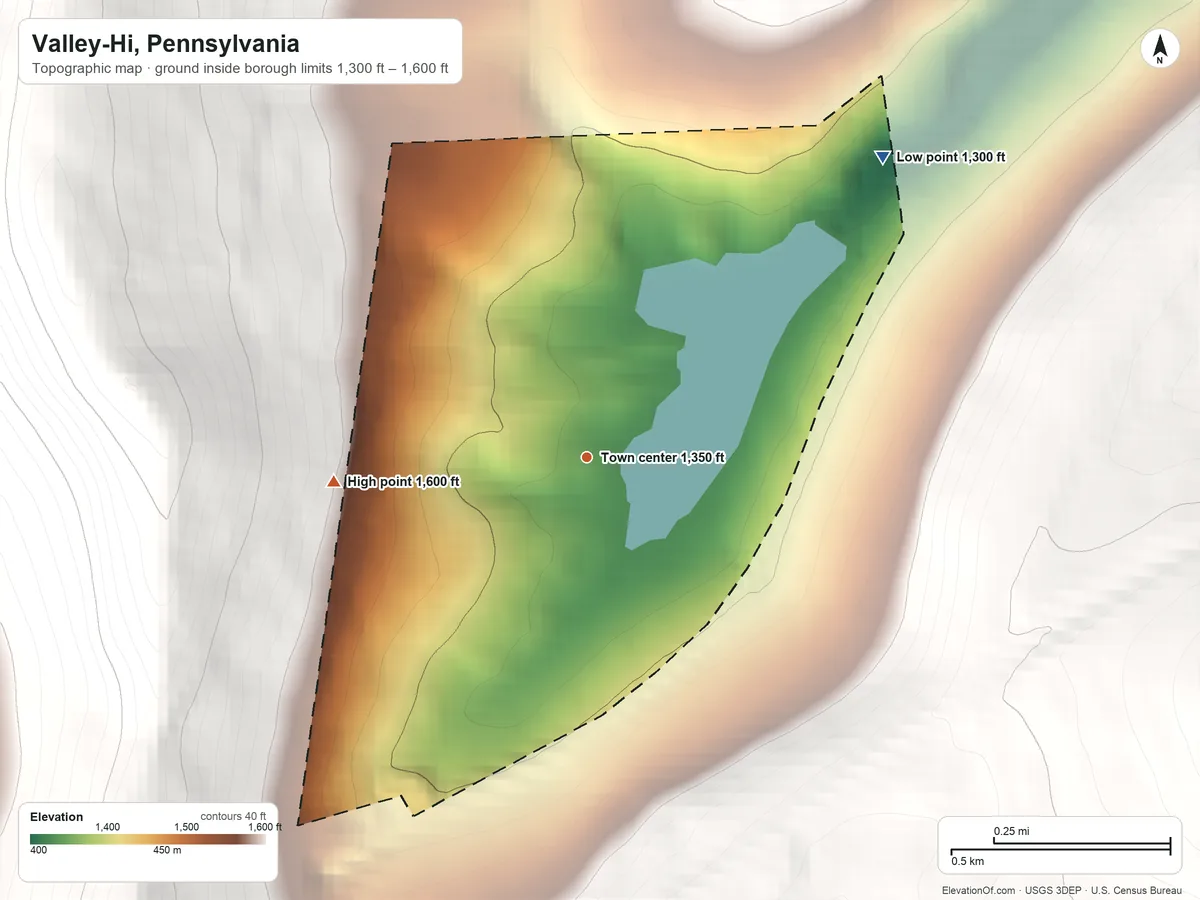 Topographic elevation map of Valley-Hi, Pennsylvania, shaded from 1,300 ft on the northeast side to 1,600 ft at the foot of the Appalachian Mountains
