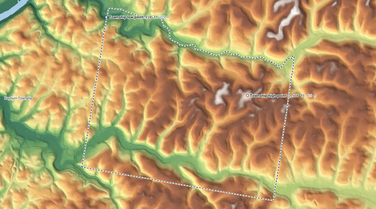 Topographic elevation map of Valley Township, Armstrong County, Pennsylvania, shaded from 910 ft on the northwest side to 1,560 ft on the east side