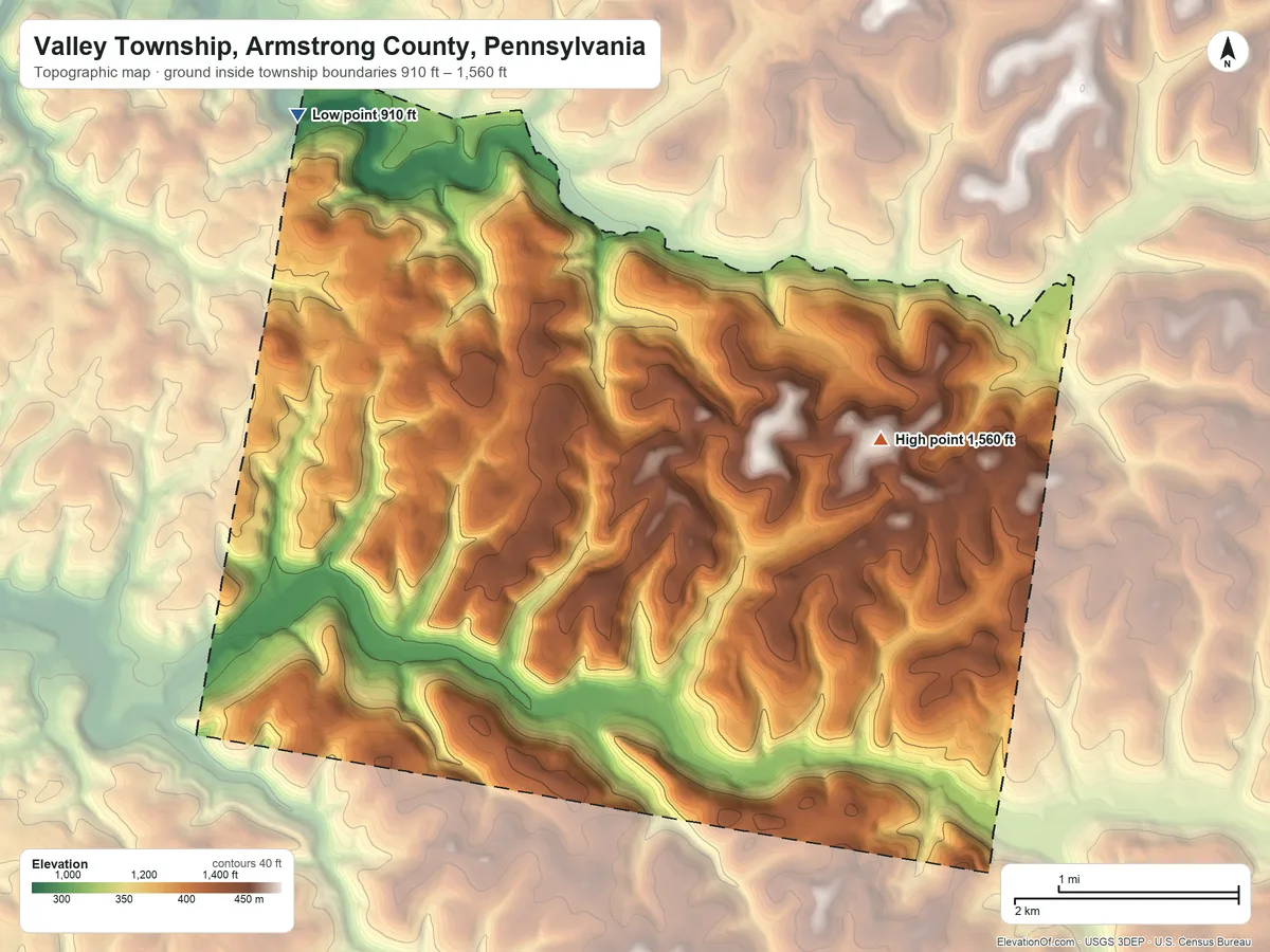 Topographic elevation map of Valley Township, Armstrong County, Pennsylvania, shaded from 910 ft on the northwest side to 1,560 ft on the east side