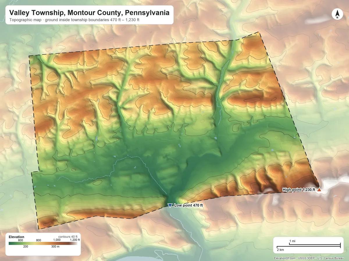 Topographic elevation map of Valley Township, Montour County, Pennsylvania, shaded from 470 ft on the south side to 1,230 ft on the east side