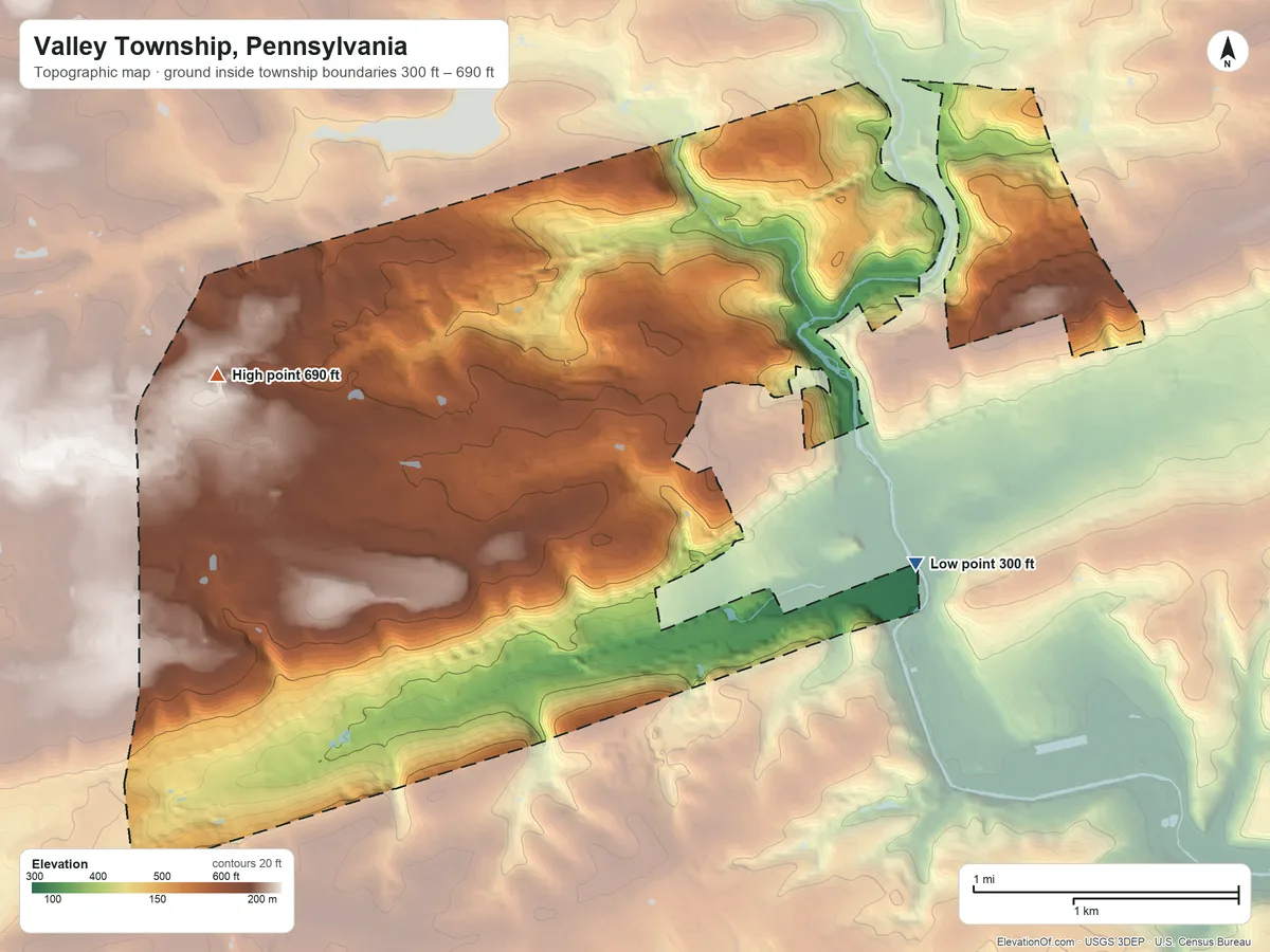 Topographic elevation map of Valley Township, Pennsylvania, shaded from 300 ft on the east side to 690 ft on the west side