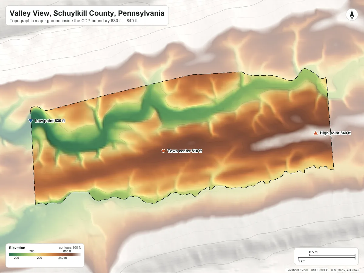 Topographic elevation map of Valley View, Schuylkill County, Pennsylvania, shaded from 630 ft on the west side to 840 ft on the east edge, below higher ground just outside
