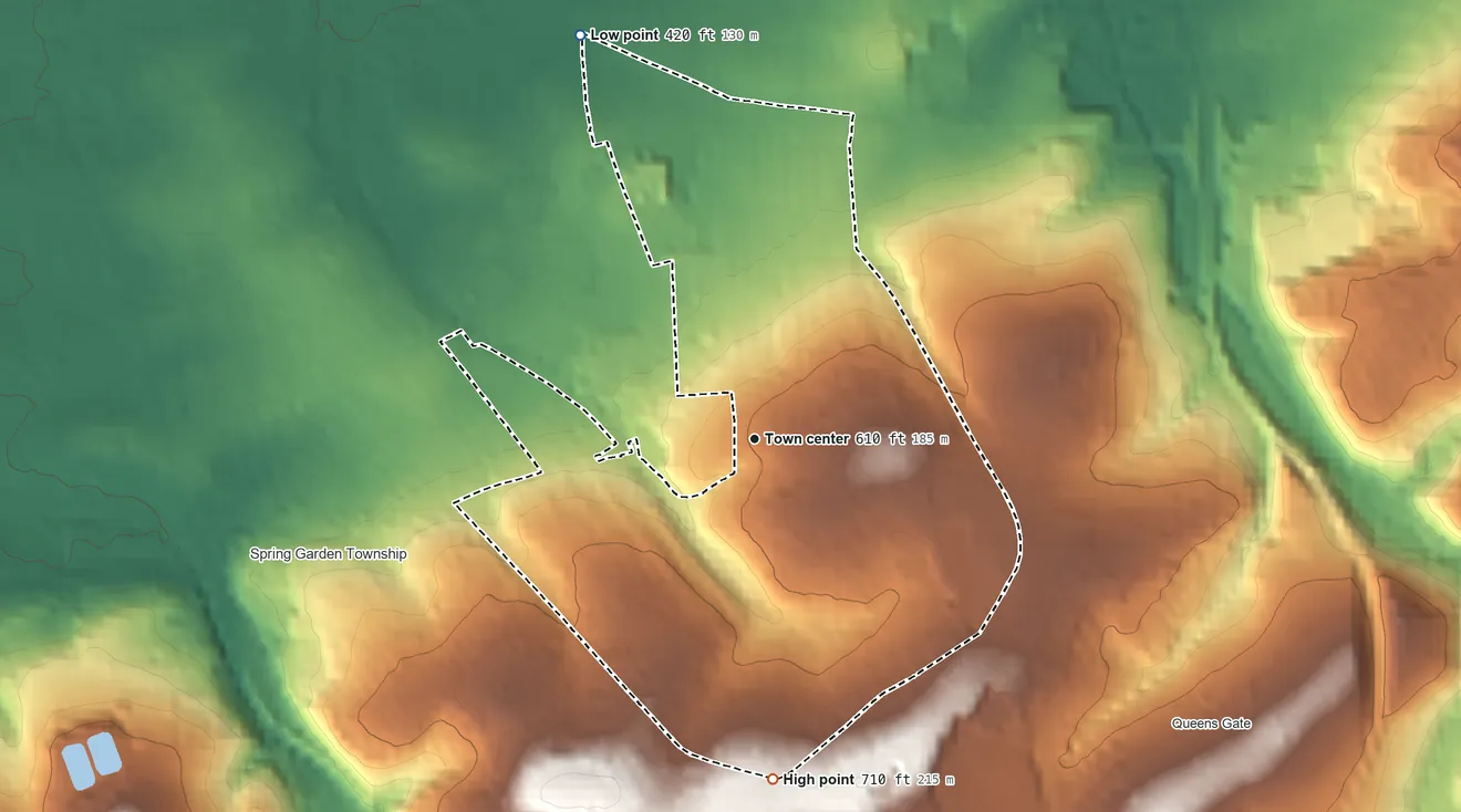 Topographic elevation map of Valley View, Pennsylvania, shaded from 420 ft on the northwest side to 710 ft on the south side