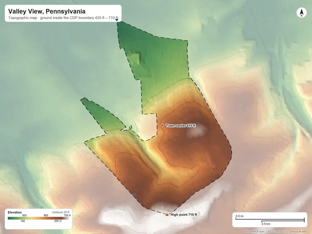 Topographic elevation map of Valley View, Pennsylvania, shaded from 420 ft on the northwest side to 710 ft on the south side