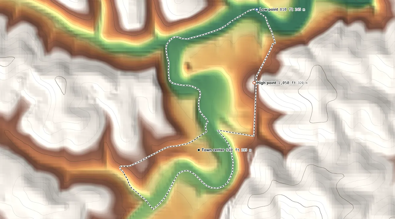 Topographic elevation map of Van Voorhis, Pennsylvania, shaded from 810 ft on the north side to 1,050 ft on the northeast edge, below higher ground just outside