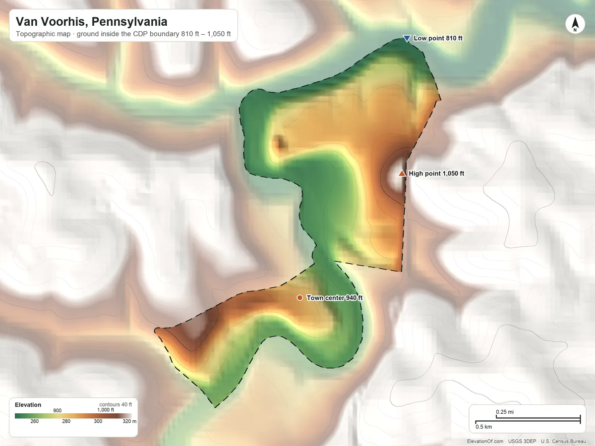 Topographic elevation map of Van Voorhis, Pennsylvania, shaded from 810 ft on the north side to 1,050 ft on the northeast edge, below higher ground just outside