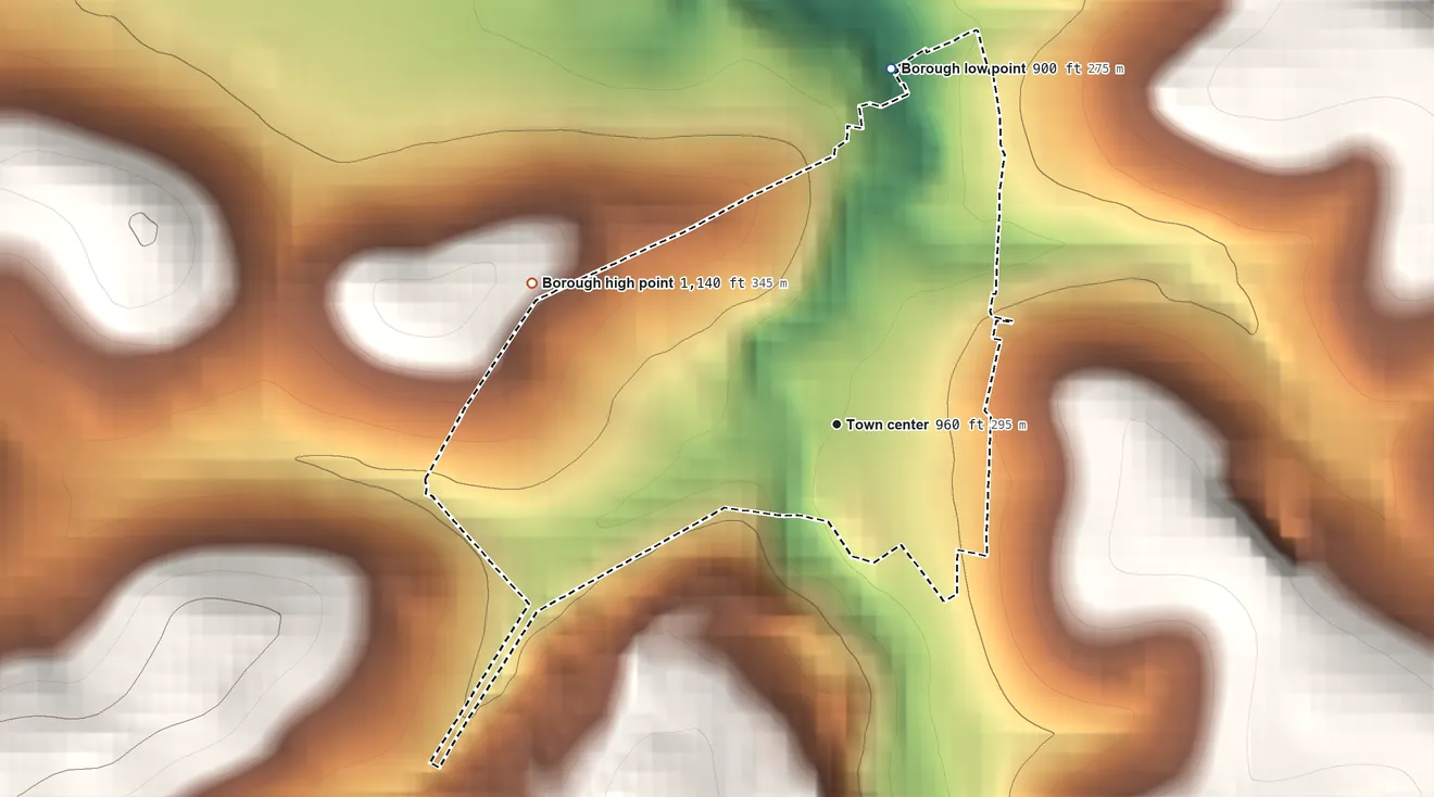 Topographic elevation map of Vanderbilt, Pennsylvania, shaded from 900 ft on the north side to 1,140 ft on the northwest side
