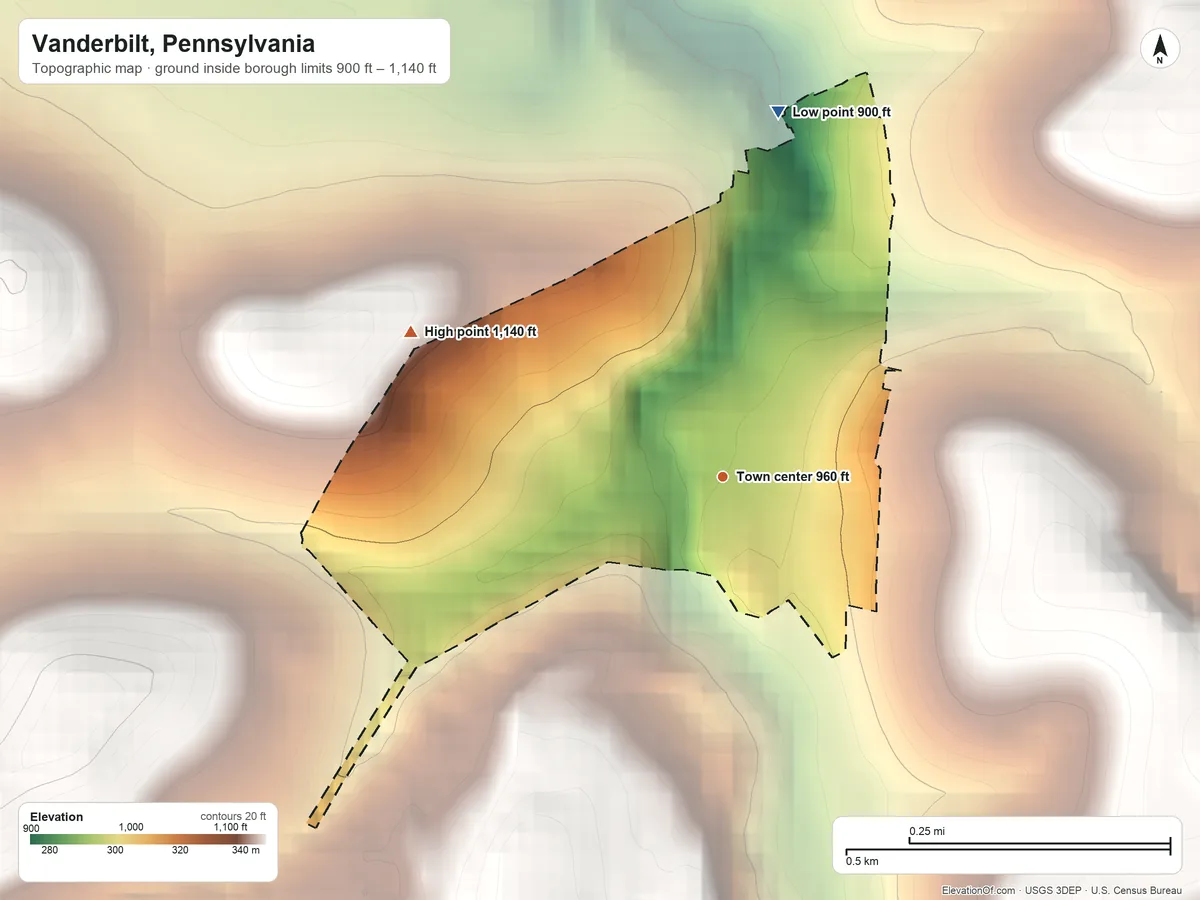 Topographic elevation map of Vanderbilt, Pennsylvania, shaded from 900 ft on the north side to 1,140 ft on the northwest side