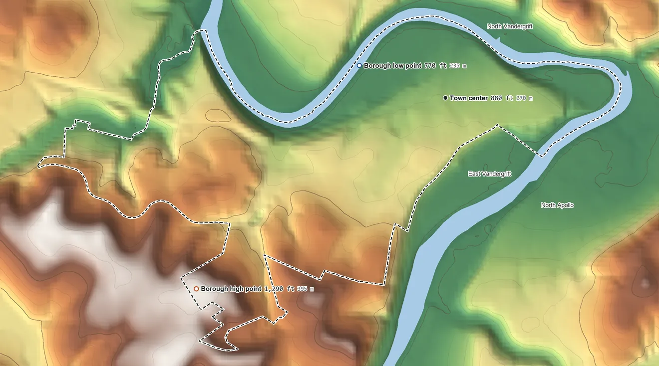 Topographic elevation map of Vandergrift, Pennsylvania, shaded from 770 ft on the west side to 1,290 ft on the southwest side