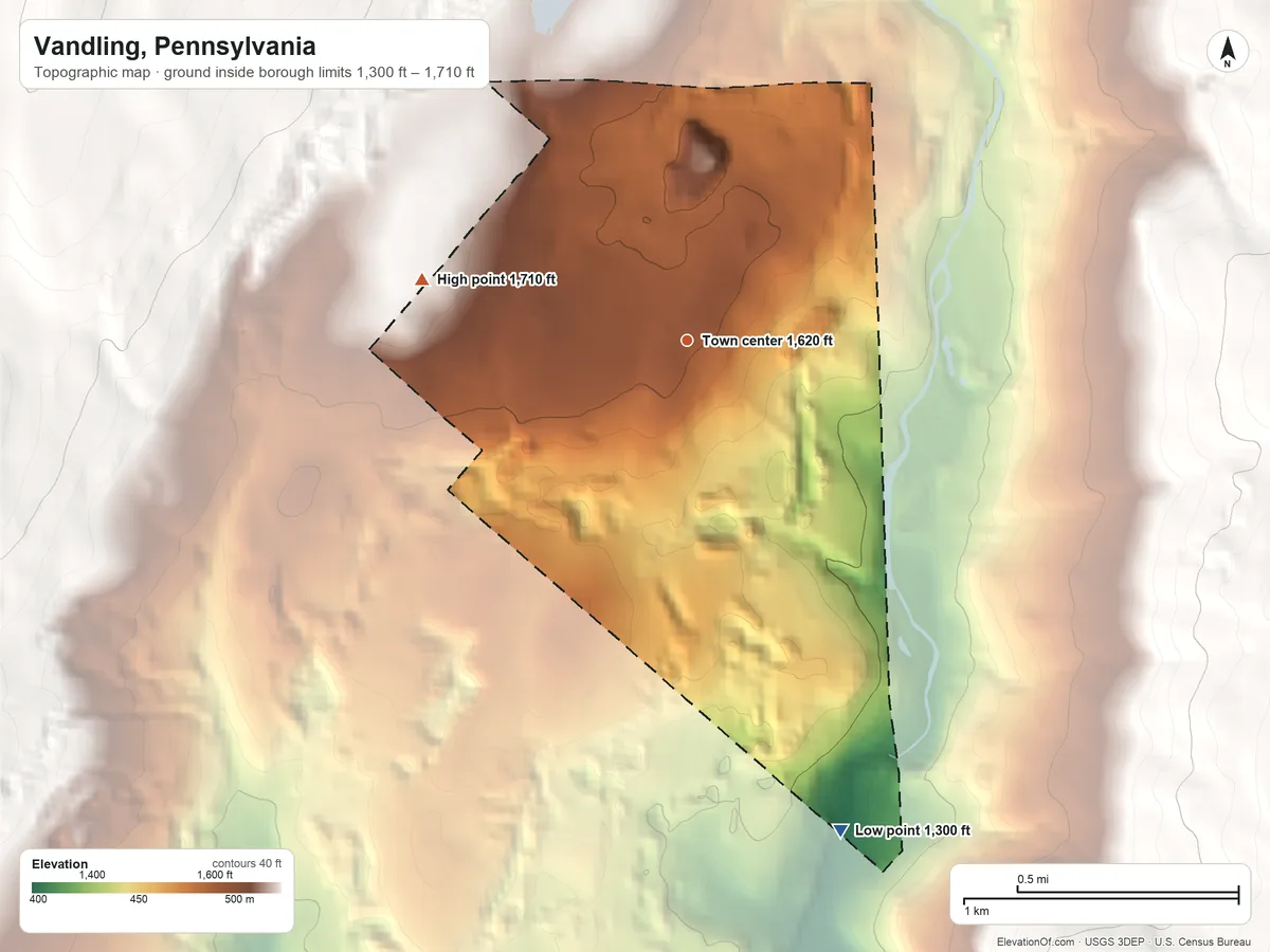 Topographic elevation map of Vandling, Pennsylvania, shaded from 1,300 ft on the south side to 1,710 ft at the foot of the Moosic Mountains