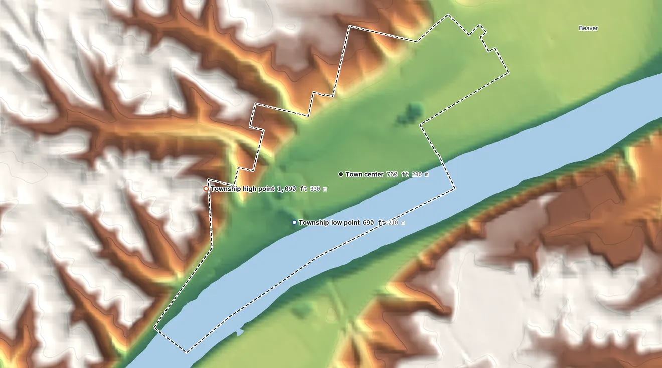 Topographic elevation map of Vanport Township, Pennsylvania, shaded from 690 ft on the southwest side to 1,090 ft on the west side