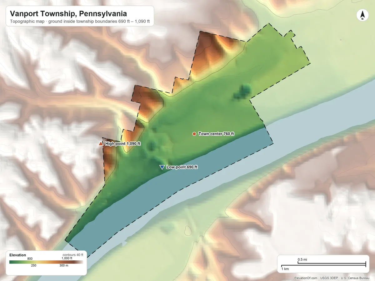 Topographic elevation map of Vanport Township, Pennsylvania, shaded from 690 ft on the southwest side to 1,090 ft on the west side