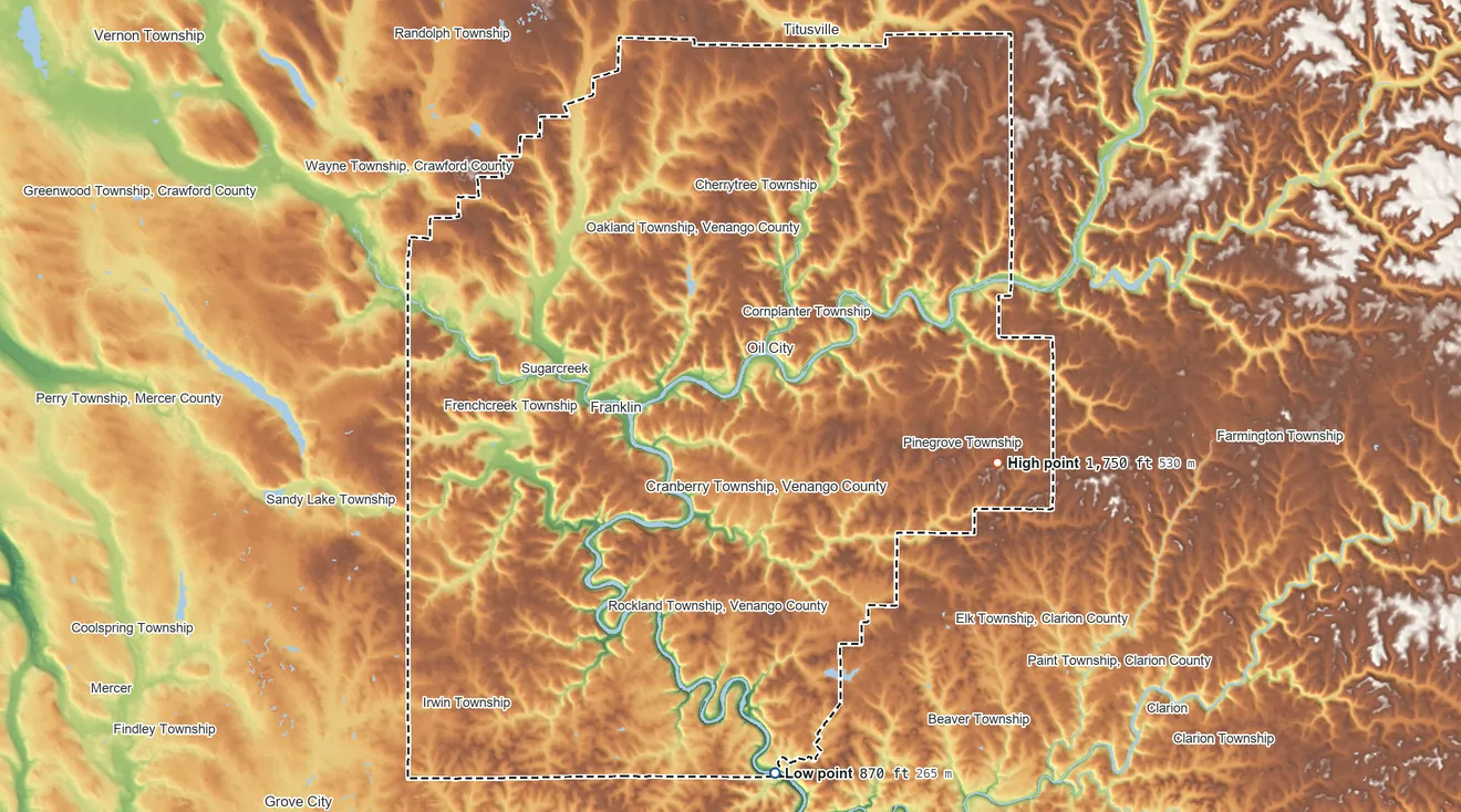 Topographic elevation map of Venango County, Pennsylvania, shaded from 870 ft on the south side to 1,750 ft on the east side