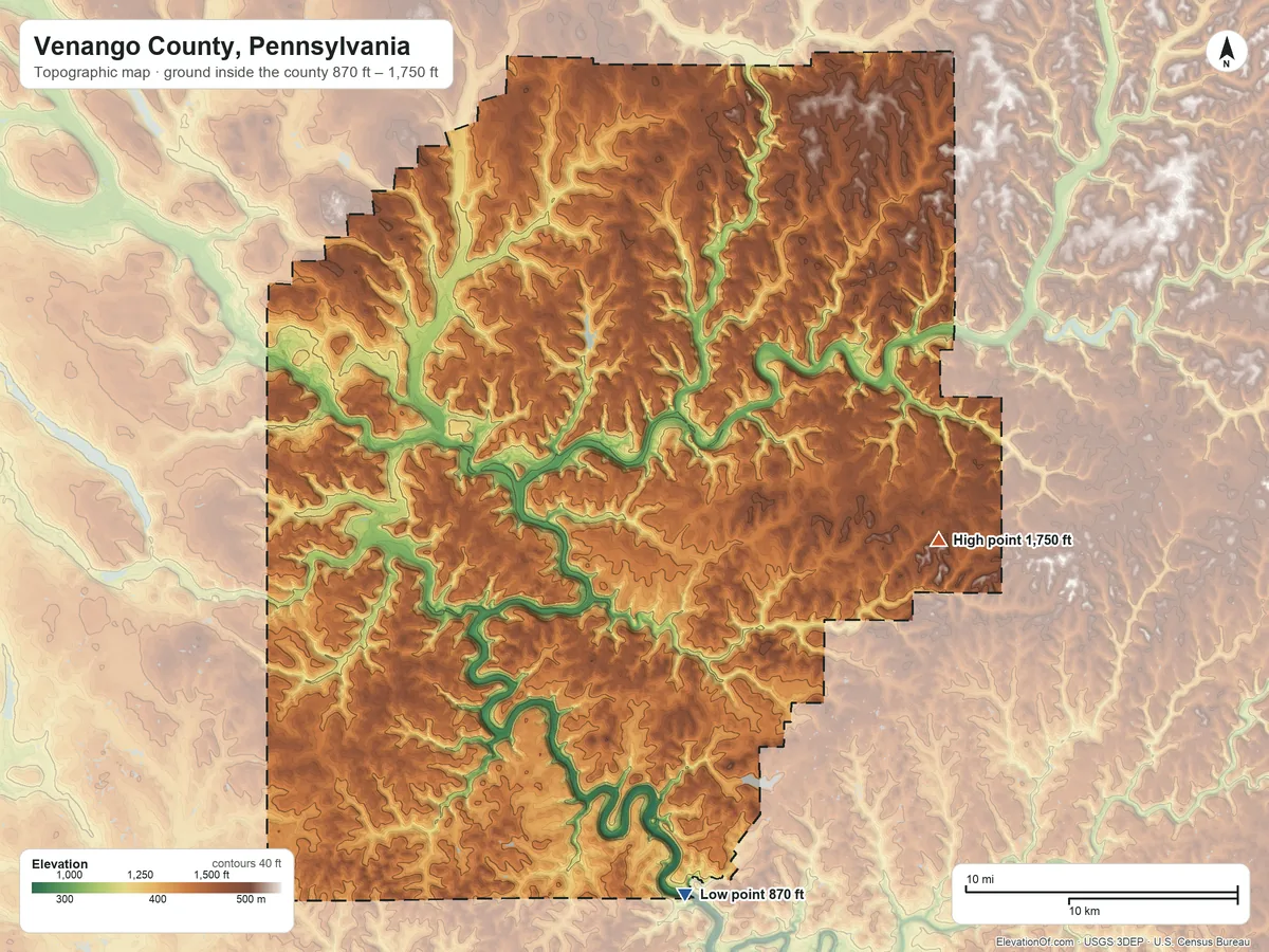 Topographic elevation map of Venango County, Pennsylvania, shaded from 870 ft on the south side to 1,750 ft on the east side