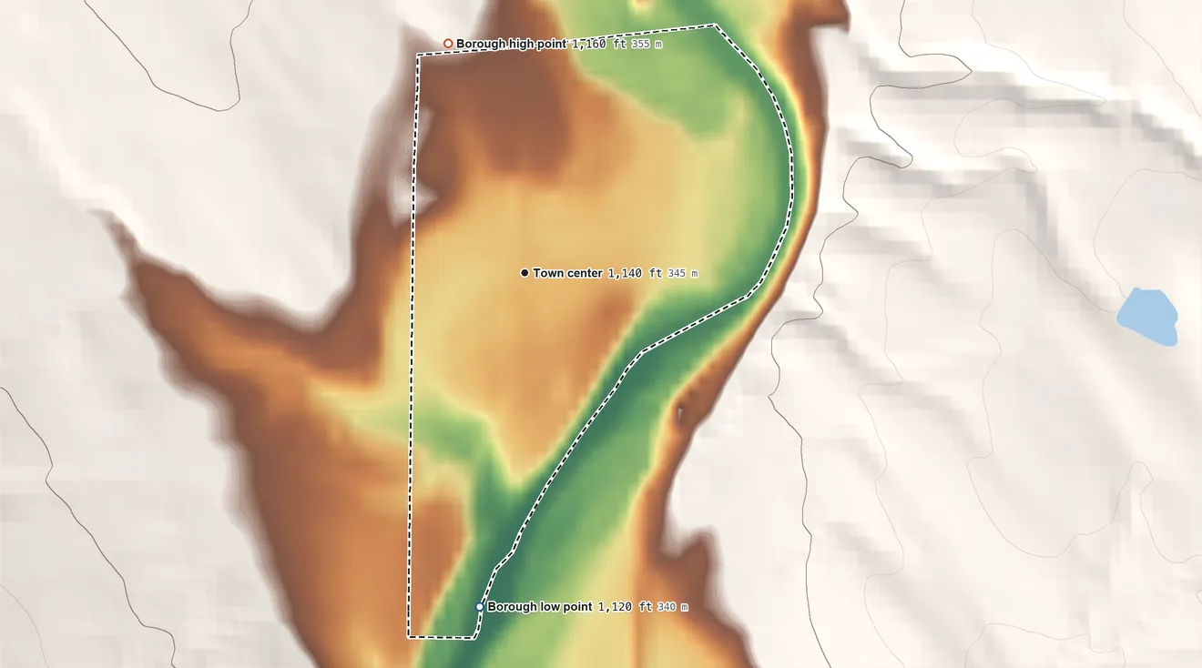 Topographic elevation map of Venango, Pennsylvania, shaded from 1,120 ft on the south side to 1,160 ft on the north edge, below higher ground just outside