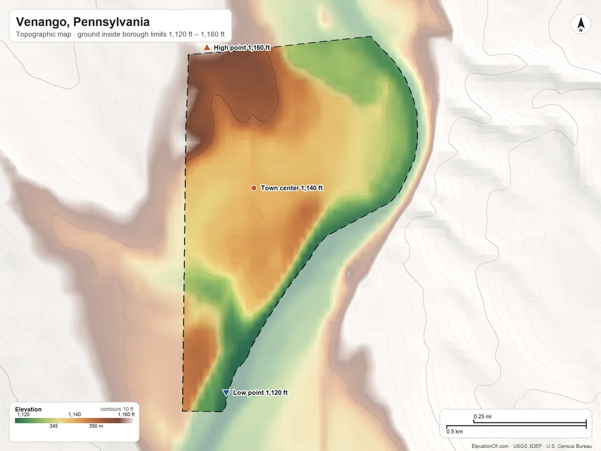 Topographic elevation map of Venango, Pennsylvania, shaded from 1,120 ft on the south side to 1,160 ft on the north edge, below higher ground just outside