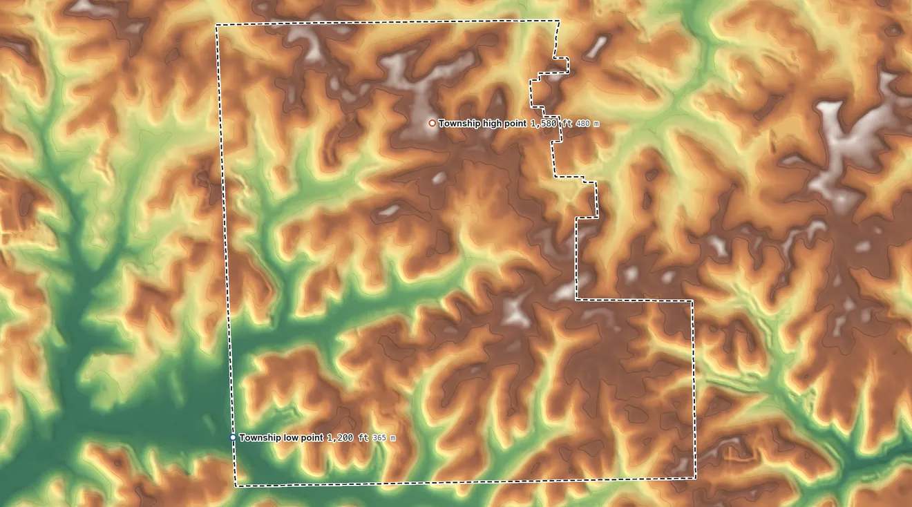 Topographic elevation map of Venango Township, Butler County, Pennsylvania, shaded from 1,200 ft on the southwest side to 1,580 ft on the northwest side