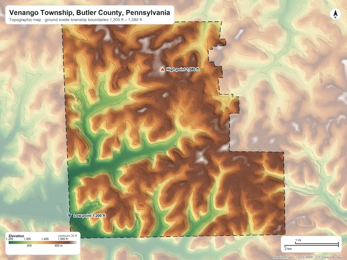 Topographic elevation map of Venango Township, Butler County, Pennsylvania, shaded from 1,200 ft on the southwest side to 1,580 ft on the northwest side