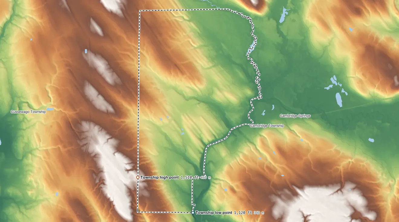 Topographic elevation map of Venango Township, Crawford County, Pennsylvania, shaded from 1,120 ft on the south side to 1,510 ft on the southwest side