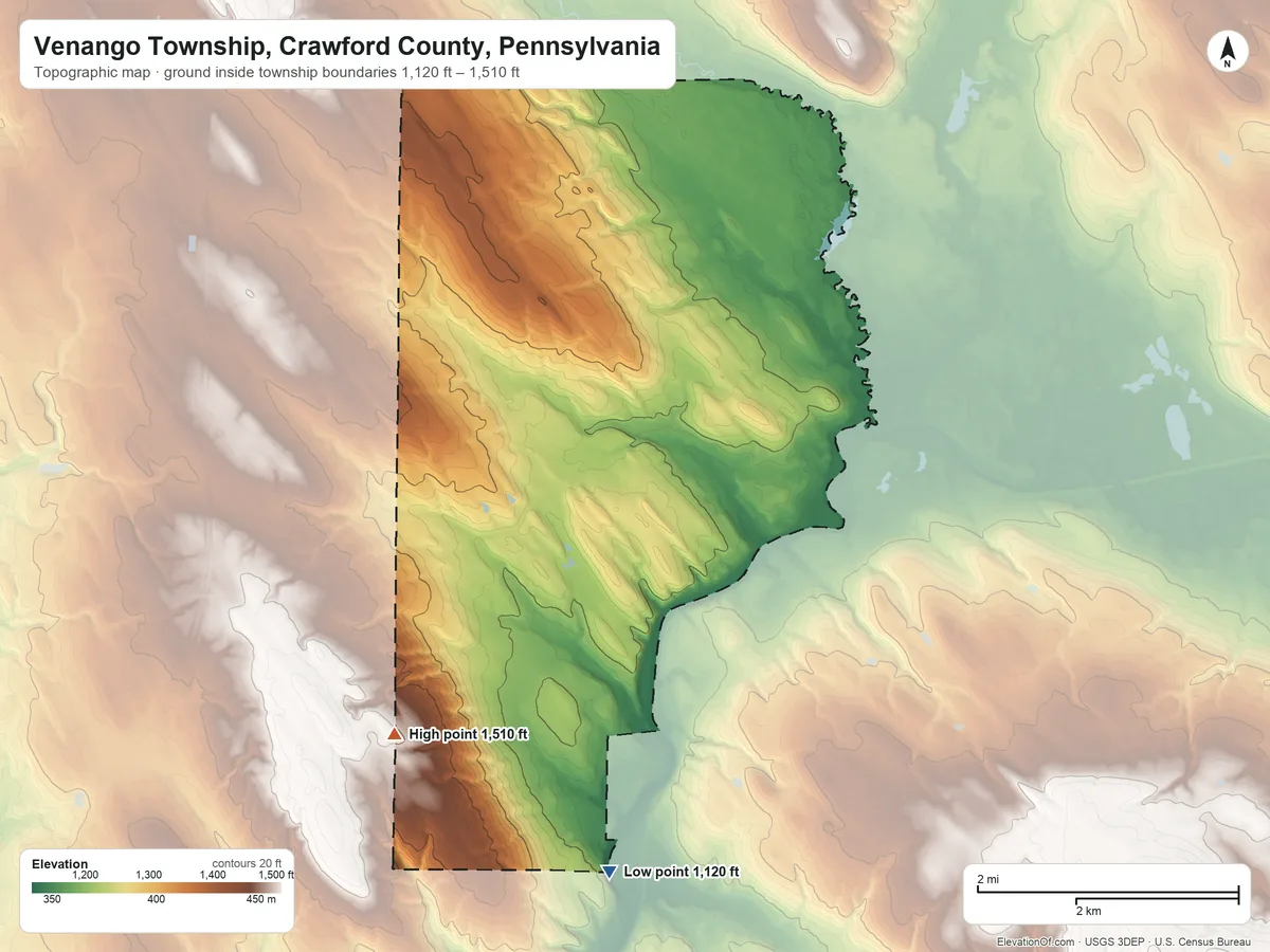 Topographic elevation map of Venango Township, Crawford County, Pennsylvania, shaded from 1,120 ft on the south side to 1,510 ft on the southwest side