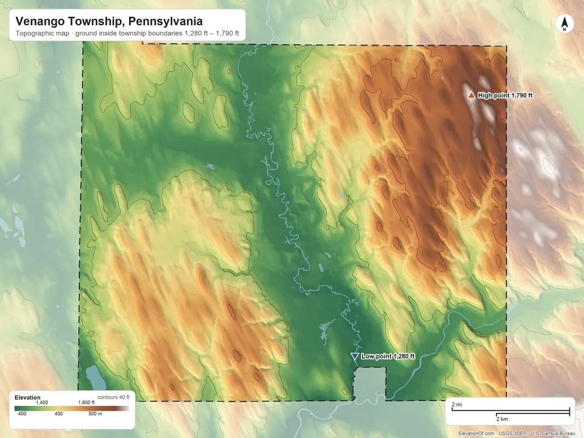 Topographic elevation map of Venango Township, Pennsylvania, shaded from 1,280 ft on the southeast side to 1,790 ft on the northeast side