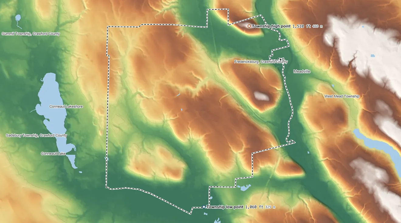 Topographic elevation map of Vernon Township, Pennsylvania, shaded from 1,060 ft on the south side to 1,510 ft on Round Top
