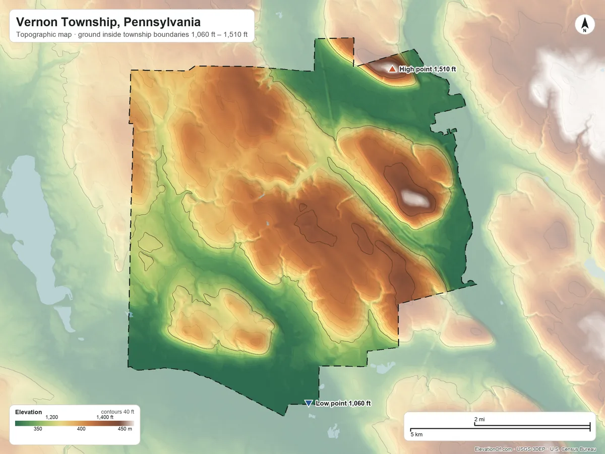 Topographic elevation map of Vernon Township, Pennsylvania, shaded from 1,060 ft on the south side to 1,510 ft on Round Top