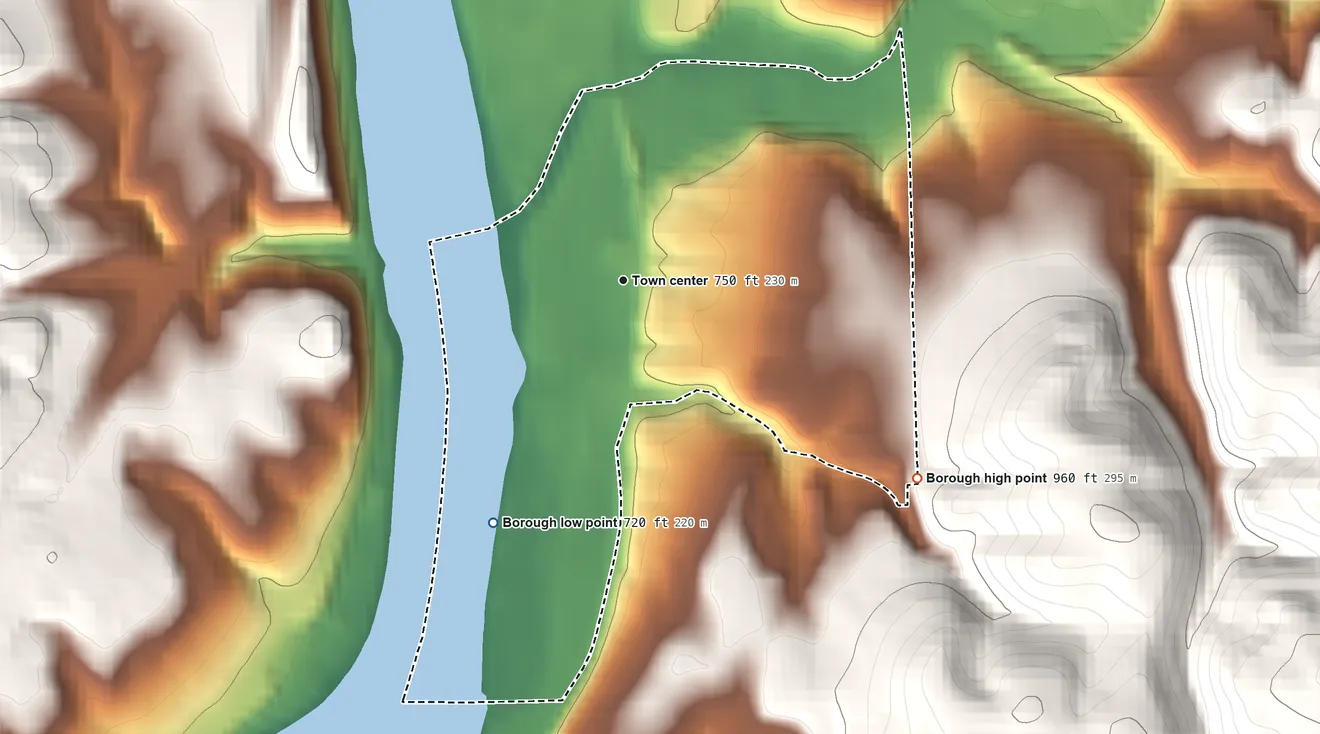 Topographic elevation map of Verona, Pennsylvania, shaded from 720 ft on the southwest side to 960 ft on the southeast edge, below higher ground just outside