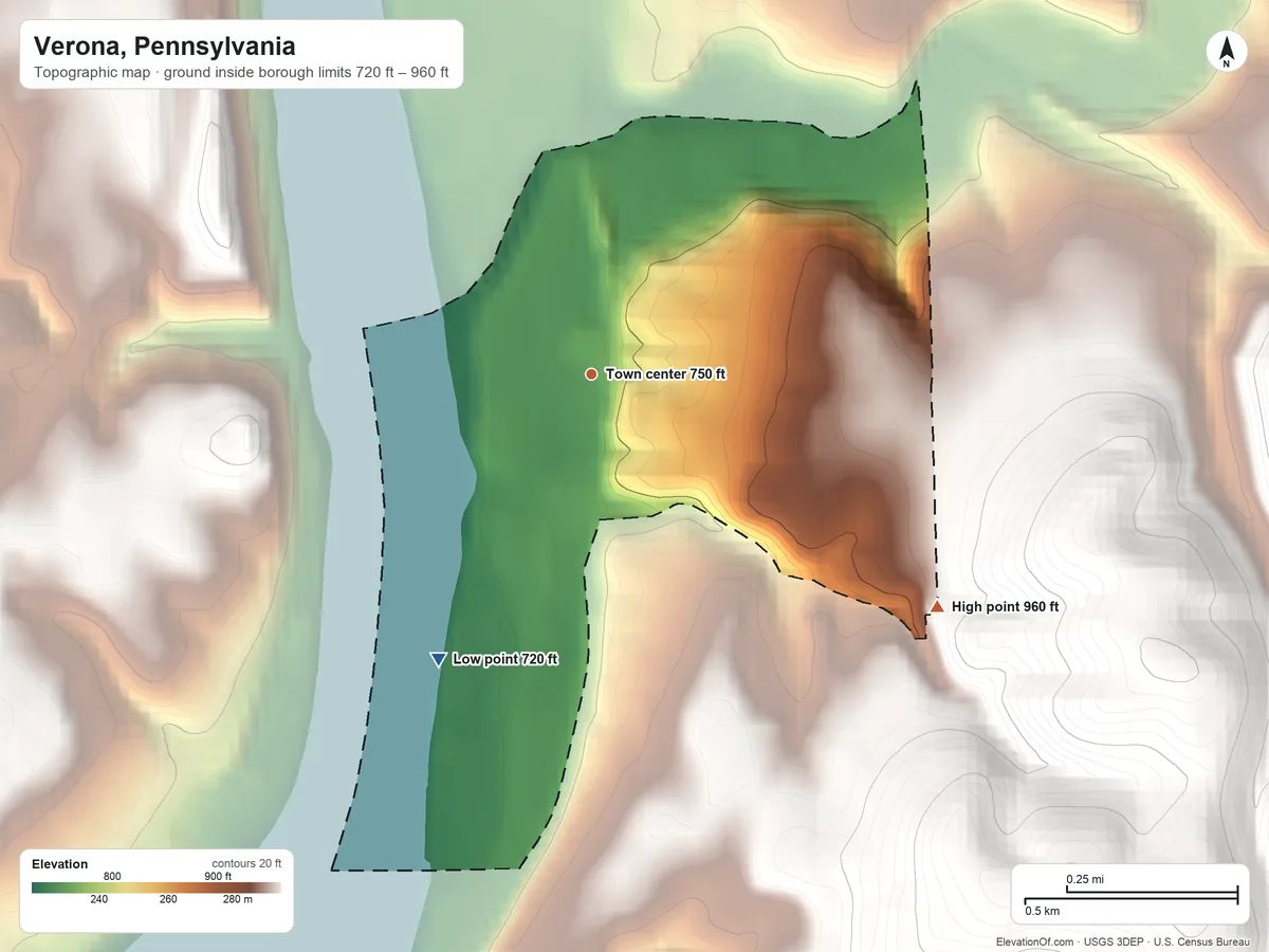 Topographic elevation map of Verona, Pennsylvania, shaded from 720 ft on the southwest side to 960 ft on the southeast edge, below higher ground just outside