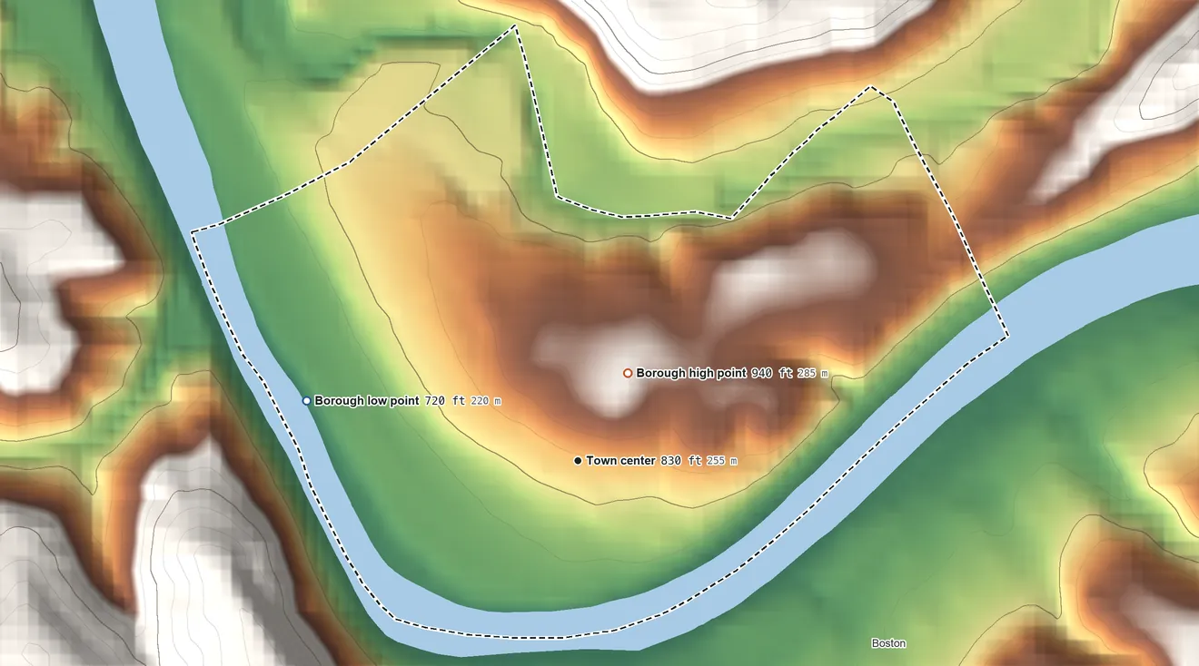 Topographic elevation map of Versailles, Pennsylvania, shaded from 720 ft on the west side to 940 ft on the northeast edge, below higher ground just outside